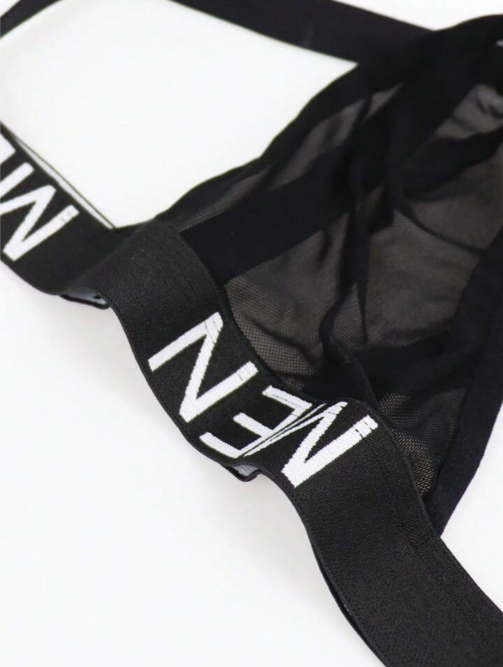 Men's slim fit sexy black hollow-out mesh briefs